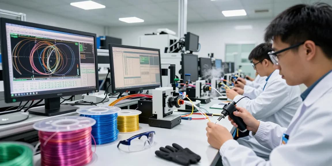 Technicians inspect fc fiber optics cables in a high-tech manufacturing facility.