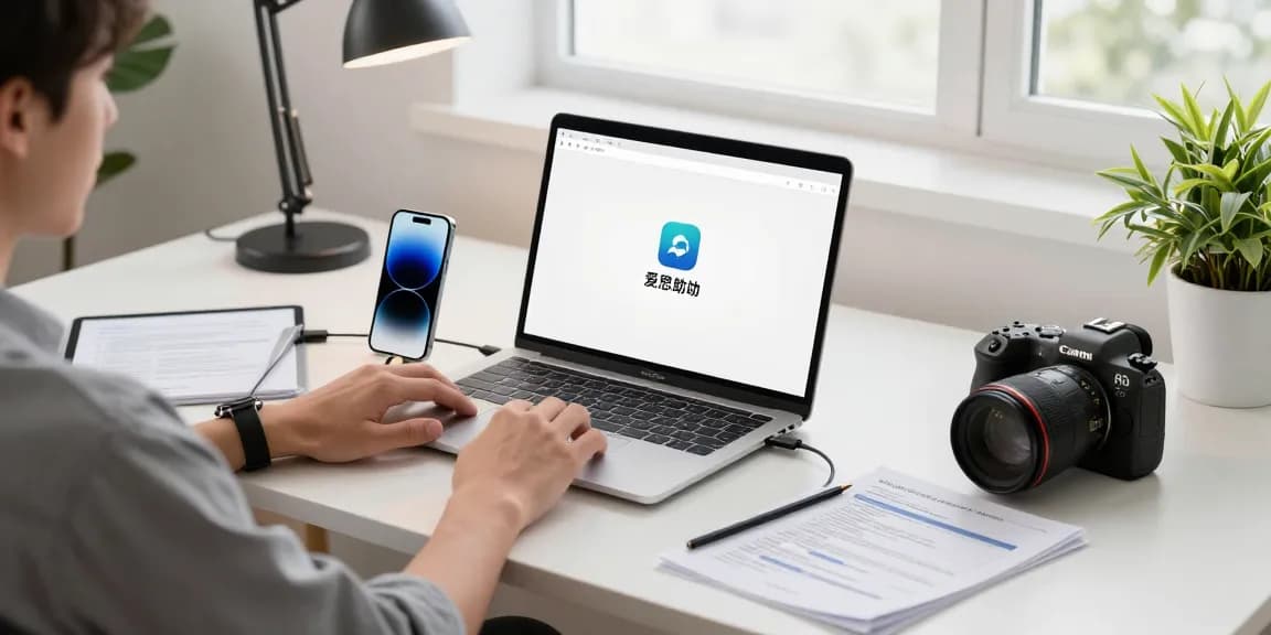 爱思助手官网在现代办公室中，用户高效管理iOS设备，展示了多种连接设备和技术文档。