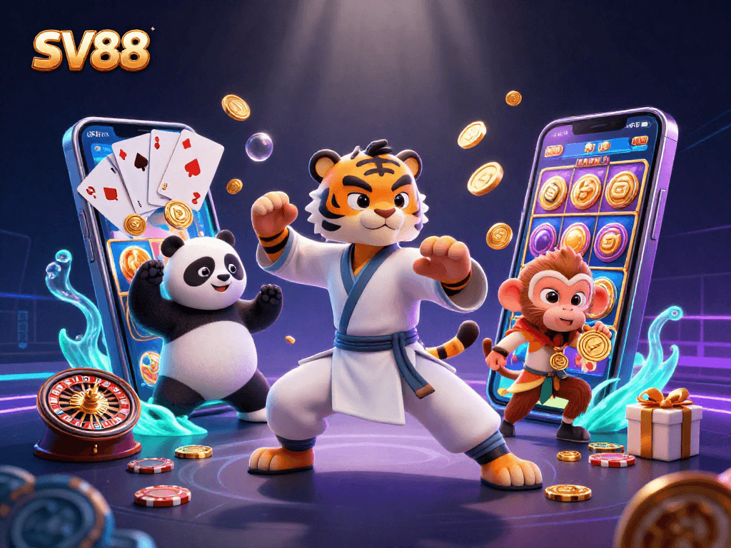 SV88 offers an exciting scene of a kung fu tiger master surrounded by casino elements, perfect for gambling fans.
