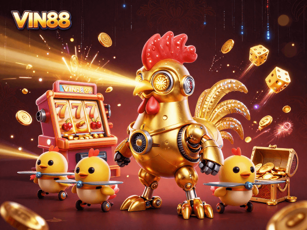 Experience the thrill of WIN88 with golden slot machines and animated characters in a vibrant casino scene.