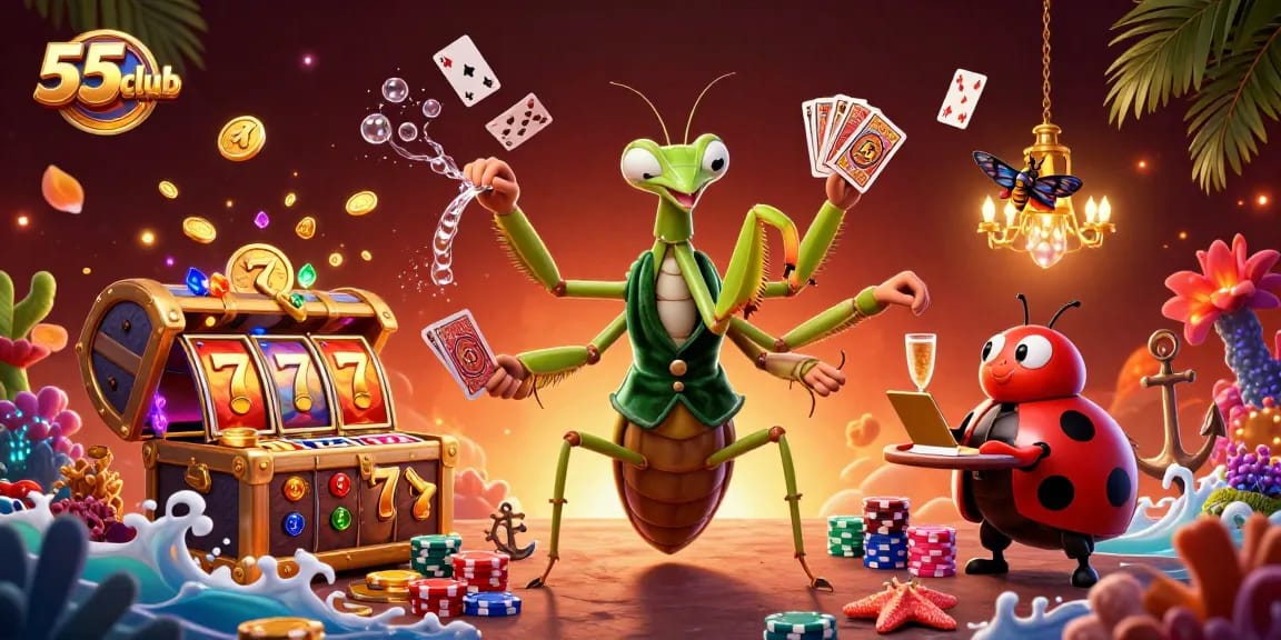 Join the excitement at 55club with a vibrant scene of a giant mantis card sharp dealing cards and pouring champagne.