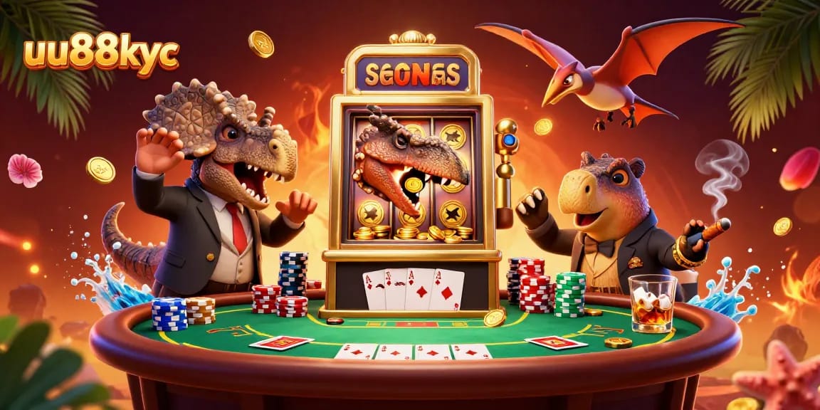 Experience uu88kyc thrills as a dinosaur headbutts a slot machine, coins flying amidst vibrant casino elements.