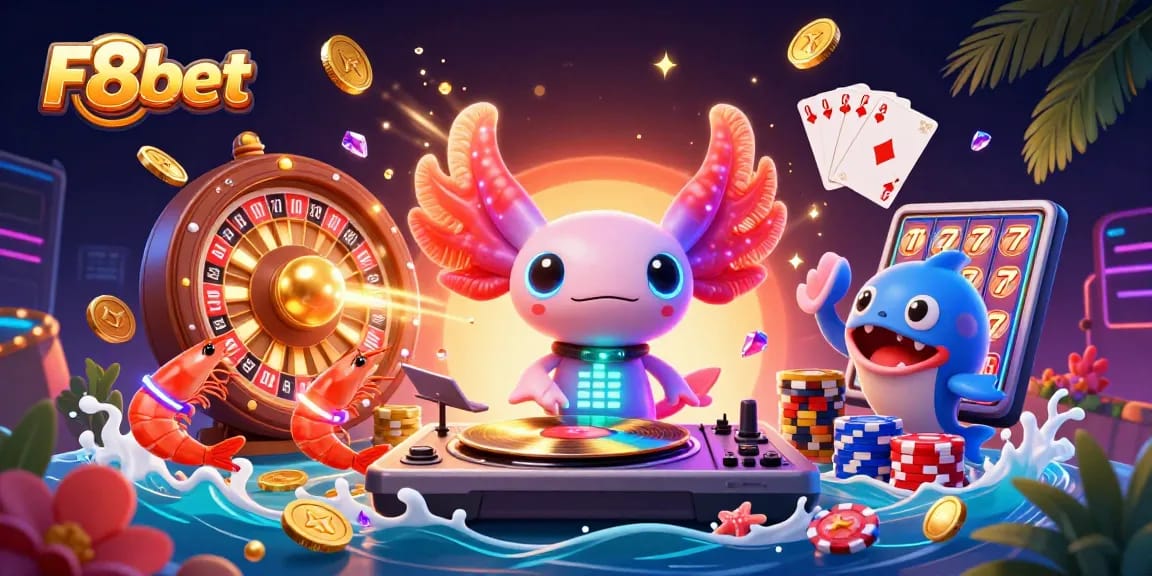 Join F8bet's neon party with a DJ axolotl, shrimp dancers, and treasure-filled gaming fun!