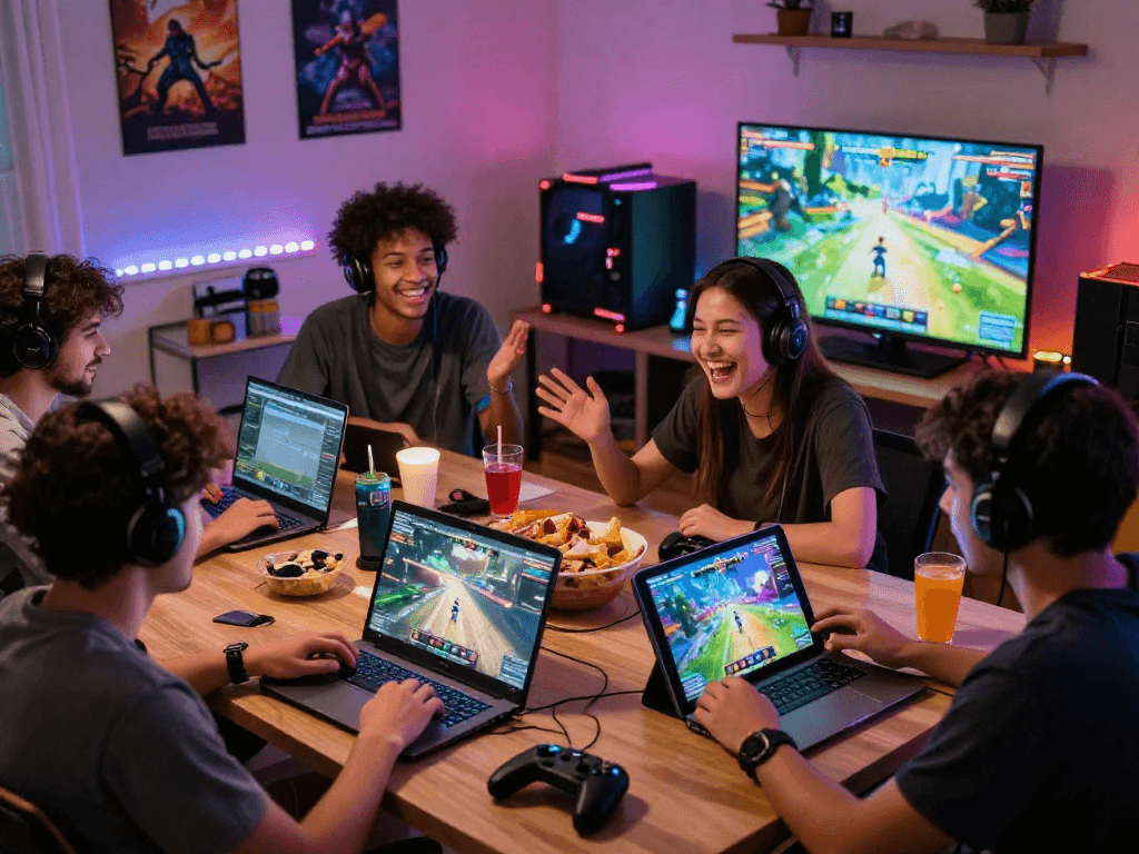 Group of friends playing free porn game online in a vibrant gaming room.