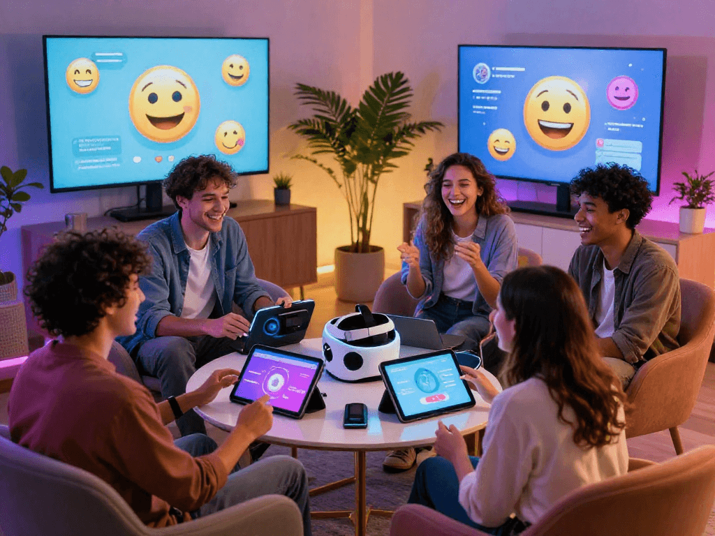 Group of friends enjoying a lively AI sex chat session in a modern space, showcasing digital interaction and social connection.