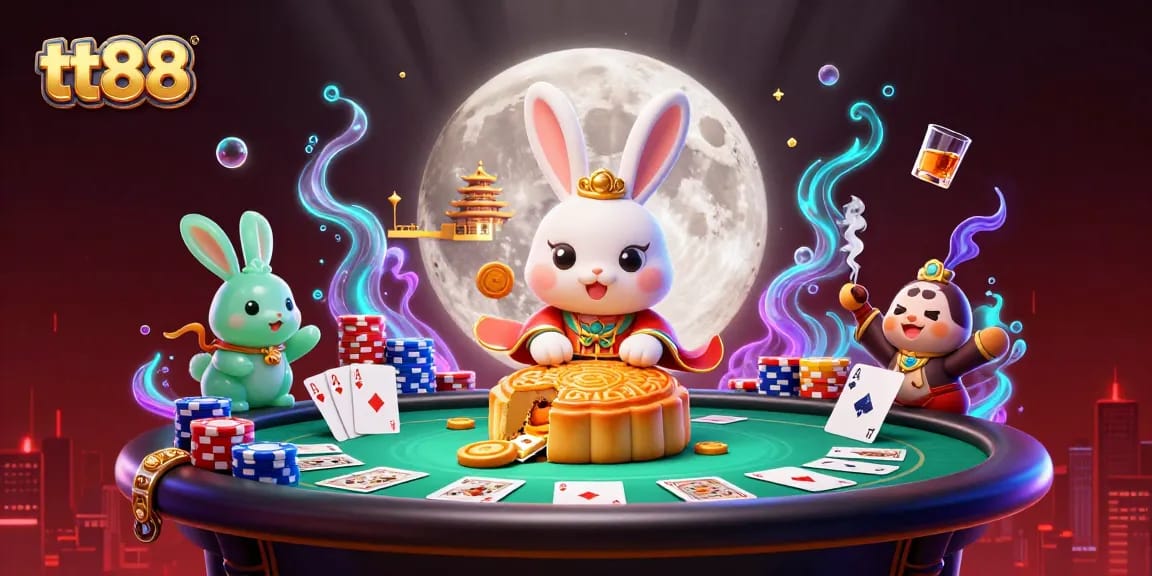 Experience tt88 as the moon rabbit crafts mooncakes revealing poker chips on the lunar surface.