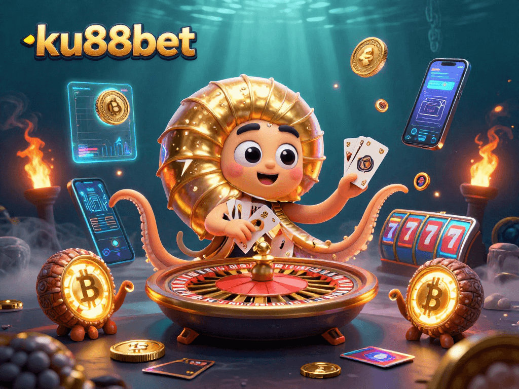 Experience the excitement of ku88bet with a vibrant 3D illustration combining crypto coins and casino elements.