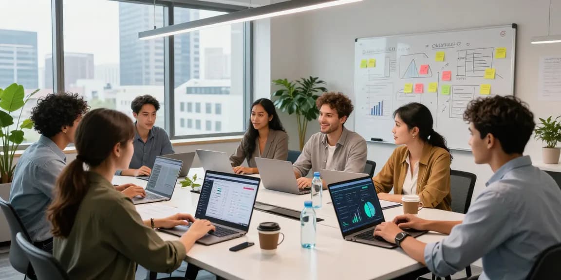Marketing professionals brainstorming and collaborating on AI marketing tools strategies in a modern office environment.