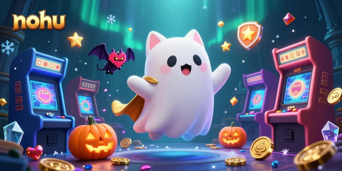 Nohu animated scene with a ghost cat, vampire bat, and glowing jack-o-lanterns celebrating in a vibrant casino.