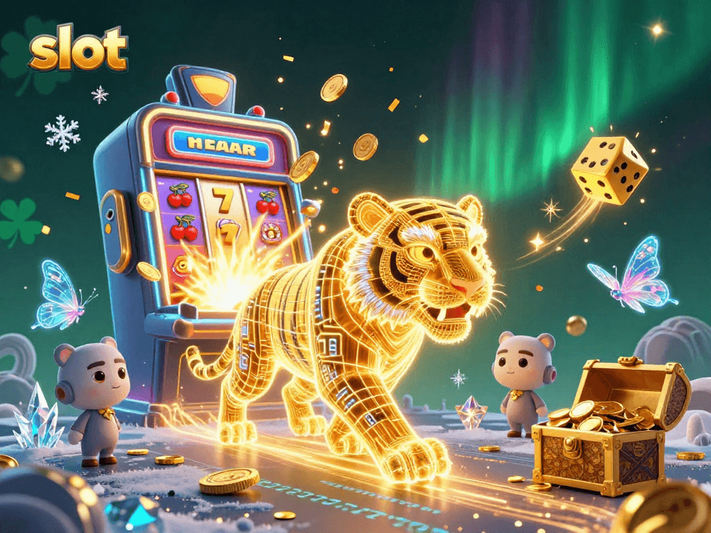 Experience the thrill of slot gaming with a digital tiger in a vibrant casino landscape.