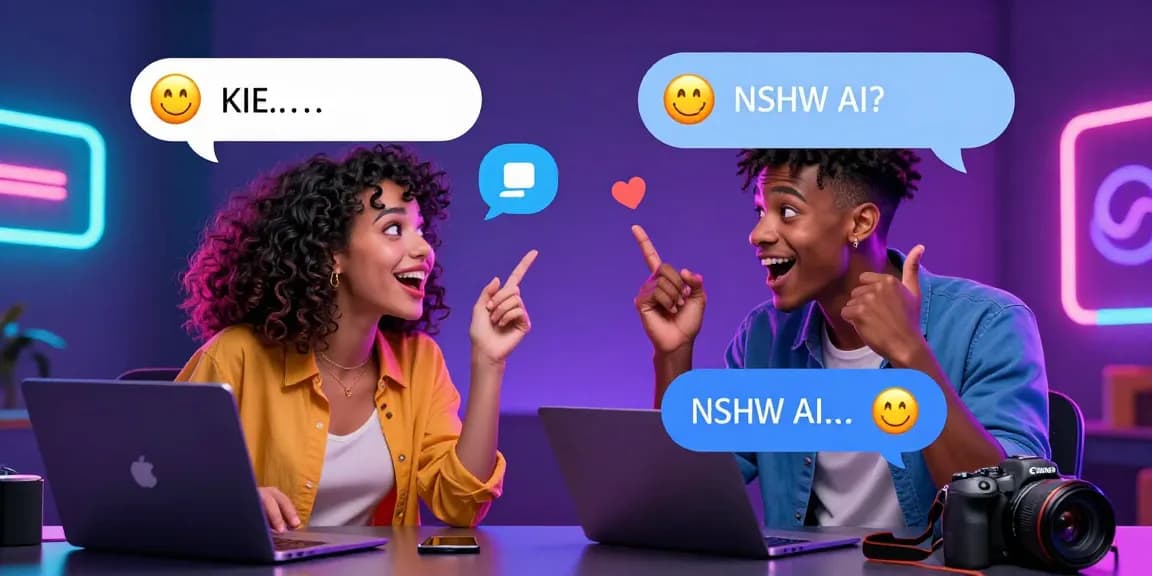 Engaging nsfw ai chat between playful AI characters in a vibrant digital chatroom.