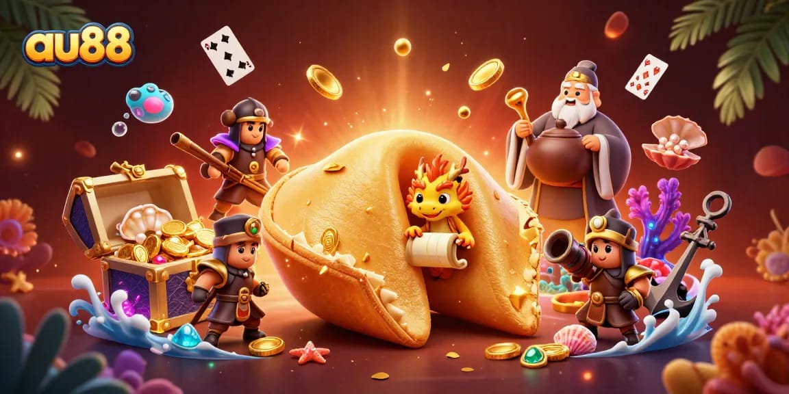 Experience thrilling wins at au88 with a rich 3D casino illustration of a golden fortune cookie, dragon, and treasure.
