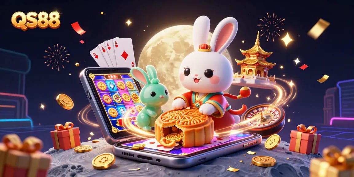 Experience excitement at QS88 with a moon rabbit character celebrating a jackpot at a casino scene.