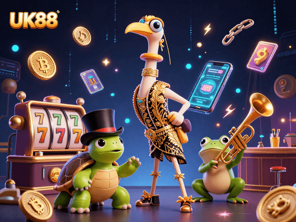 Engage with UK88 at a vibrant casino scene featuring lively characters and cryptocurrency elements.