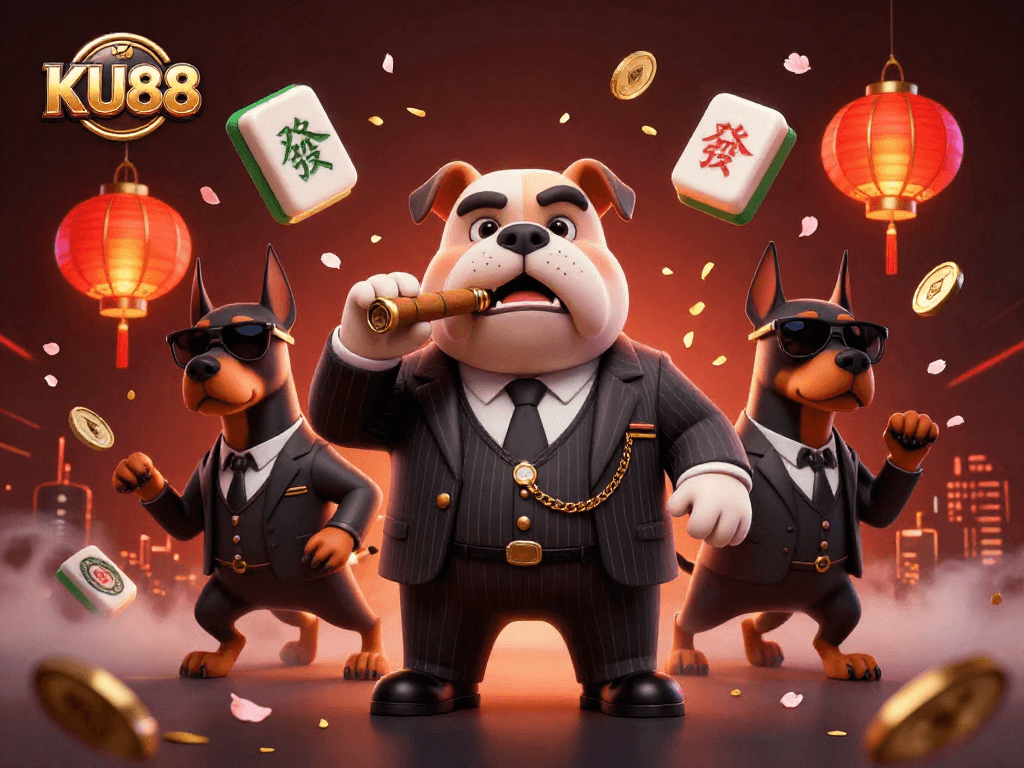 Unleash winning excitement with KU88 in a vibrant 3D casino scene featuring a mafia boss and bodyguards.