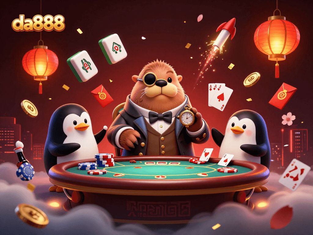Engage in a thrilling poker game with da888 alongside a jolly walrus and sophisticated dealer.
