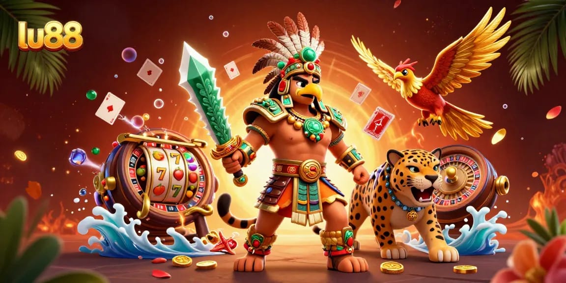 Experience the excitement of lu88 with a vibrant casino scene featuring slot reels and poker cards.