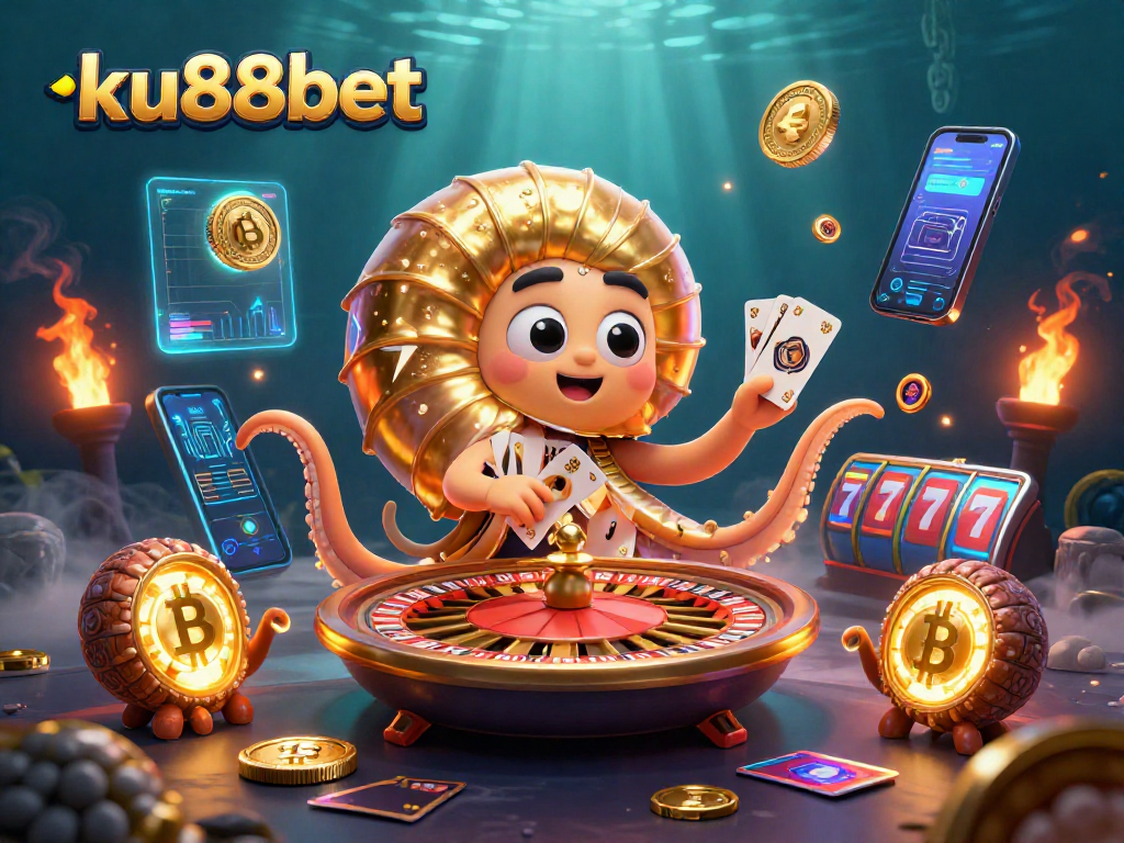 Experience the excitement of ku88bet with a vibrant 3D illustration combining crypto coins and casino elements.