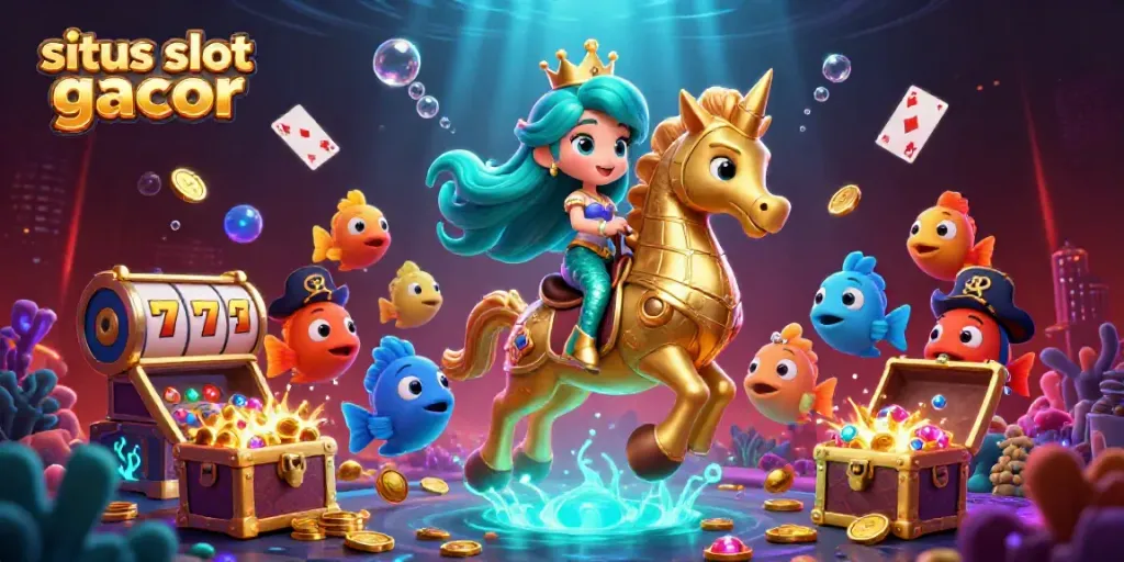 Engage with situs slot gacor in a vibrant underwater casino scene featuring a mermaid princess and golden seahorse.