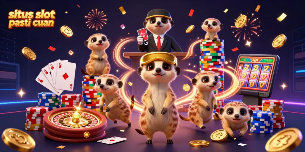 Experience situs slot pasti cuan with exciting gameplay in a vibrant casino scene featuring meerkats.