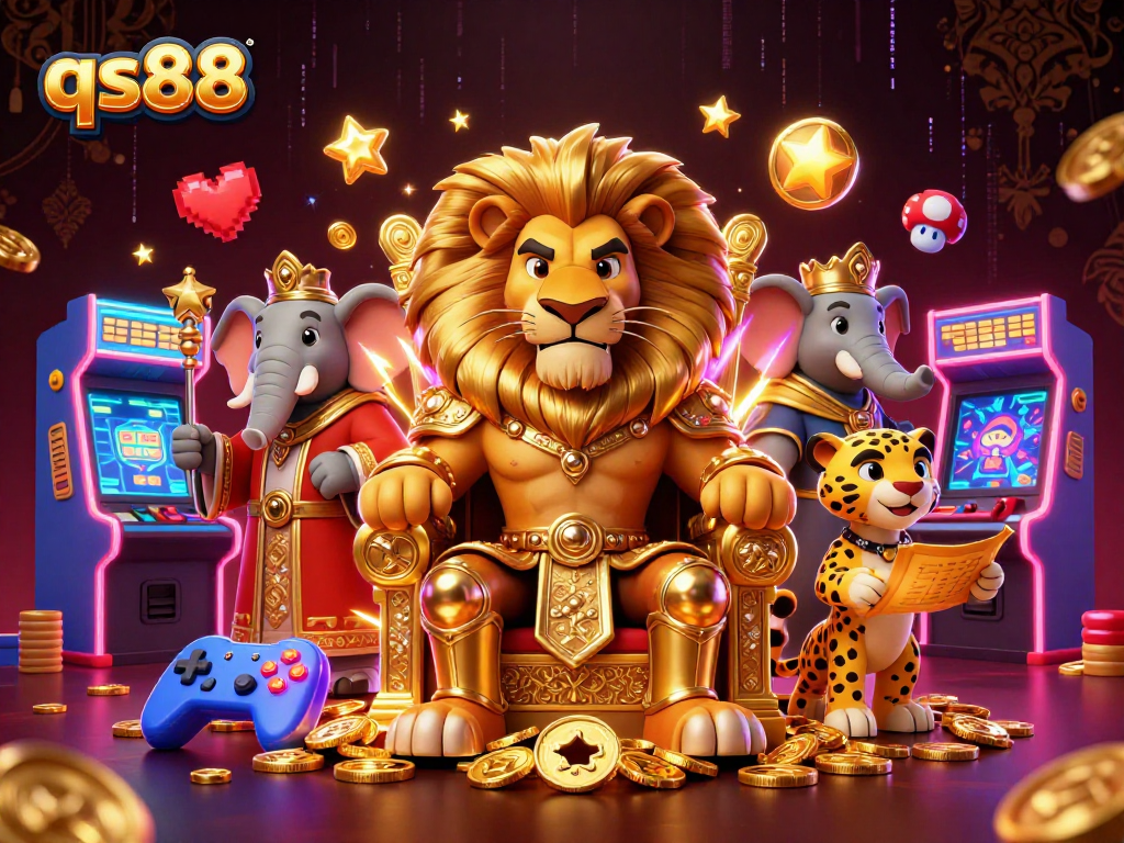 Experience qs88 with a fierce lion king amidst golden coins and vibrant arcade elements in this immersive casino scene.