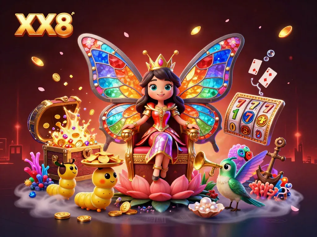 Spin and win on XX8 with enchanting 3D illustrations of vibrant casino elements and characters.