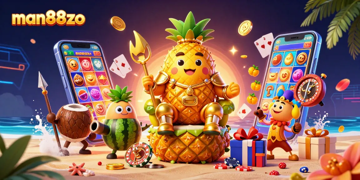 Play engaging games at man88zo's lively beach casino featuring colorful slot machines and dynamic 3D characters.