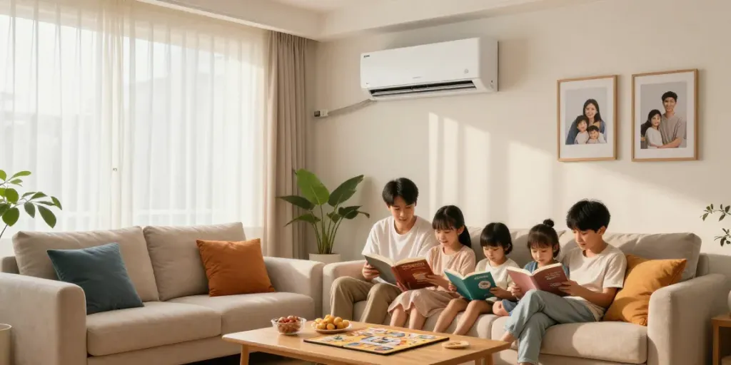 Comfortable family living room with mini split ac unit, inviting atmosphere.