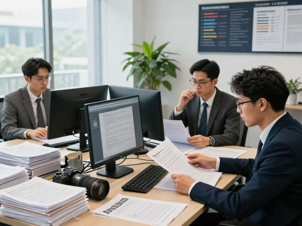 Active document fraud detection analysis in a professional office setting with team members reviewing reports and digital documents.