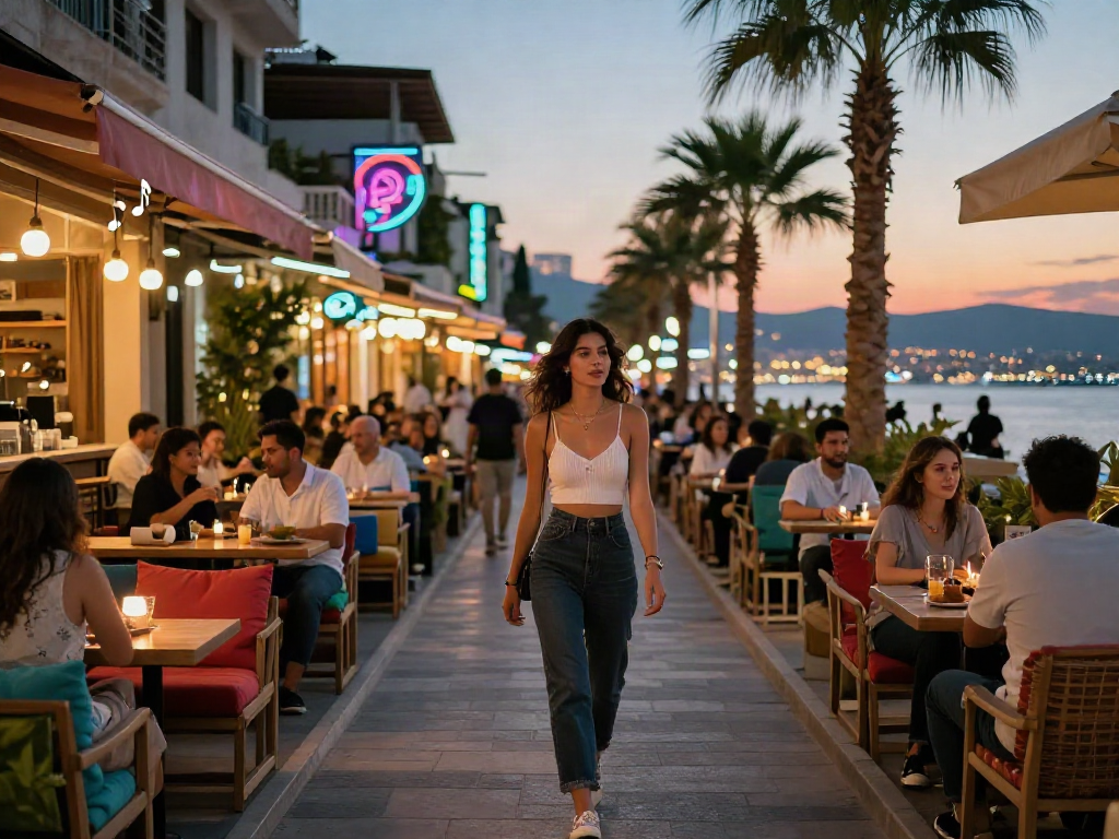 Antalya Ucuz Escort stylish nightlife scene featuring fashionable woman among trendy cafes and neon lights.