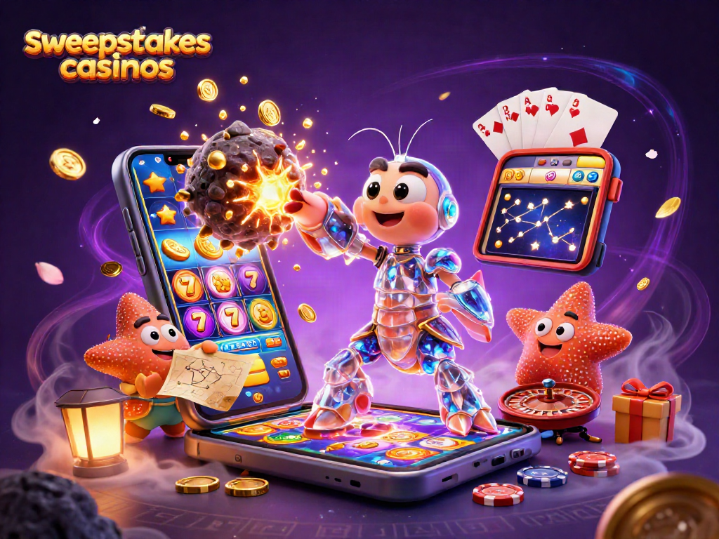 Sweepstakes casinos offer vibrant gameplay featuring golden gems and spinning reels in a captivating cosmic scene.