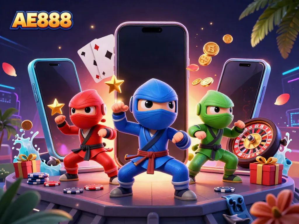 Engage with AE888's exciting online casino atmosphere featuring a ninja chameleon team and dynamic gaming elements.