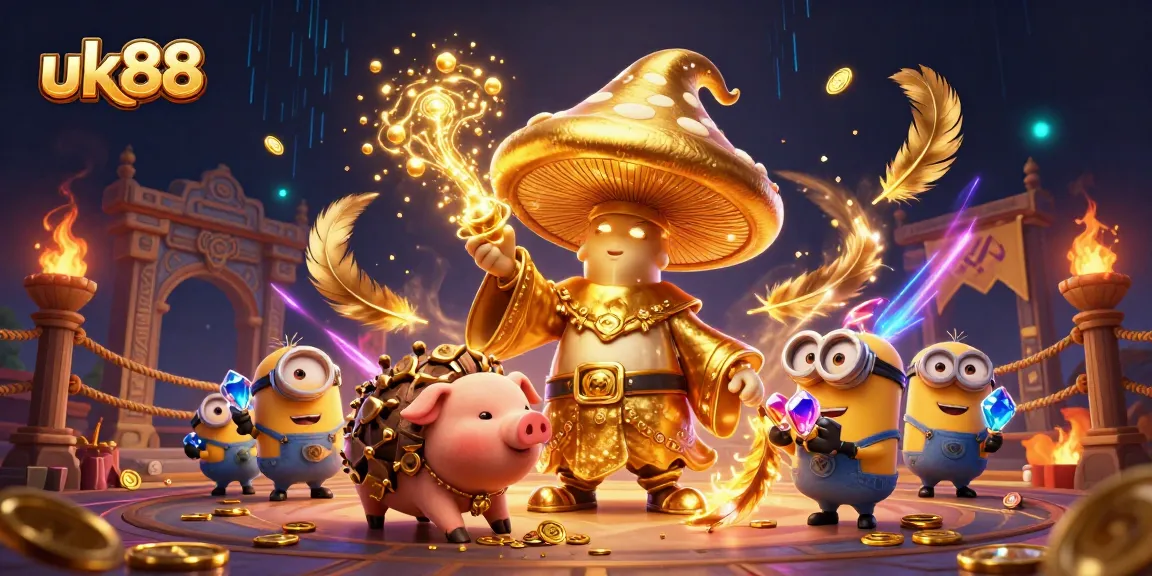Experience uk88's magical casino adventure with a golden wizard and treasure-seeking pig amidst vibrant gaming elements.