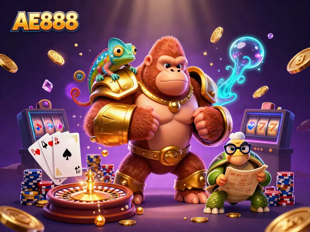 Join the action at AE888 with a gorilla in armor, chameleon, and tortoise amidst casino excitement.