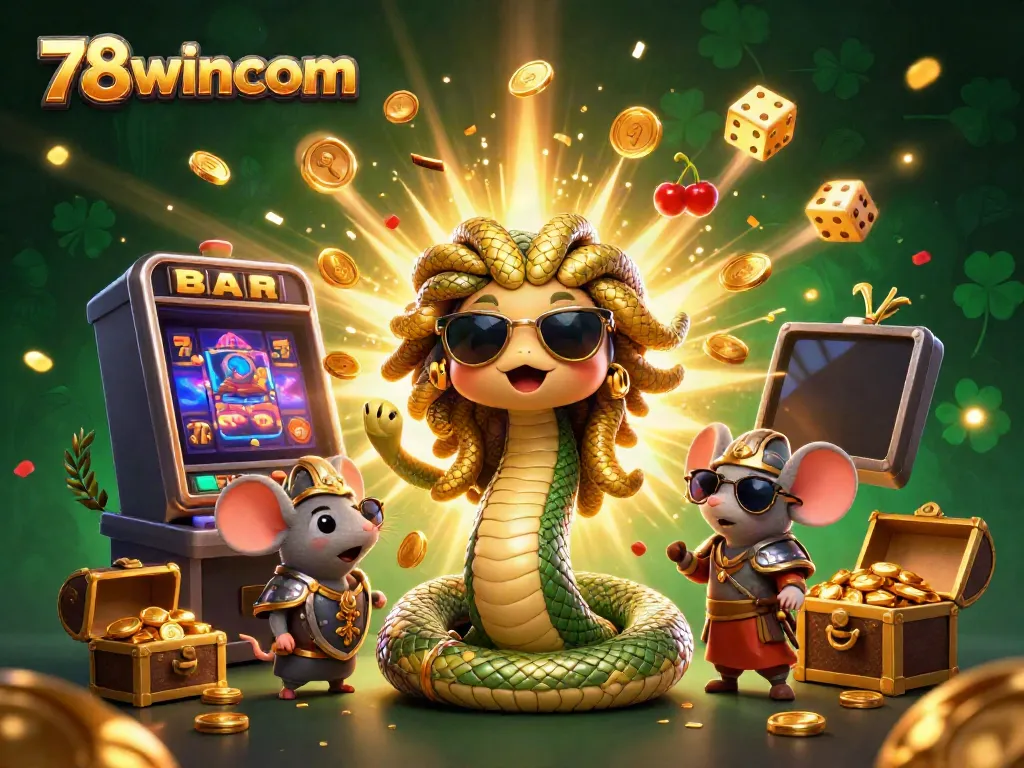 Experience the excitement of 78wincom with Medusa and a warrior mouse amid a jackpot explosion.