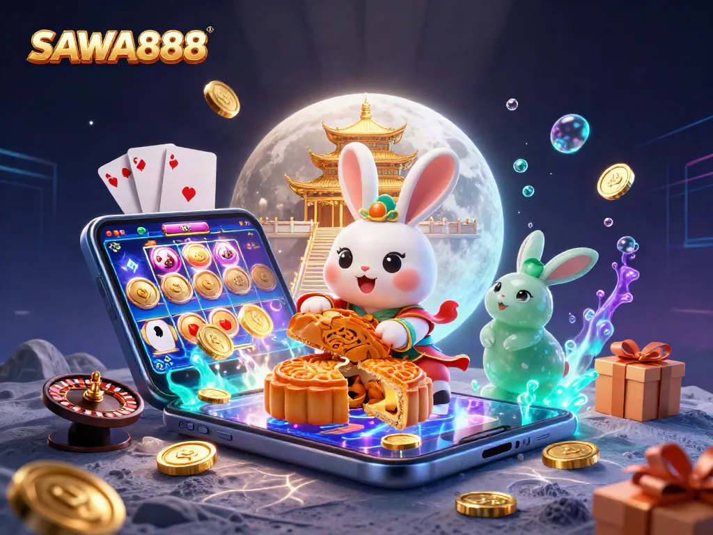 Engage in thrilling gameplay with SAWA888 as the moon rabbit reveals poker chips inside mooncakes.