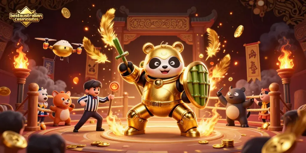 Experience thrilling gaming at bestaustraliancasinosites with a colorful 3D panda and bamboo robot.