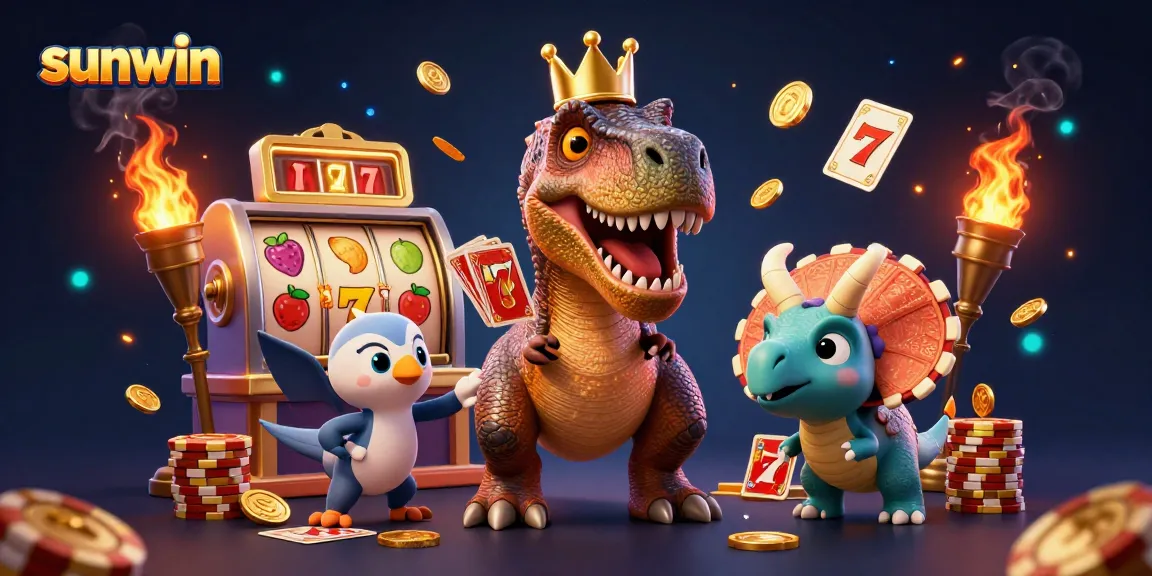 Engage with sunwin's unique 3D T-Rex and friends enjoying slots and golden chips in an exciting casino setting.