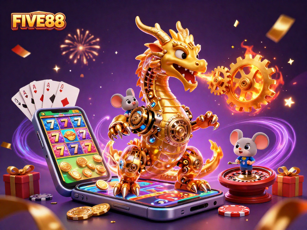 Experience the excitement of FIVE88 with a golden dragon and engaging casino gaming elements.