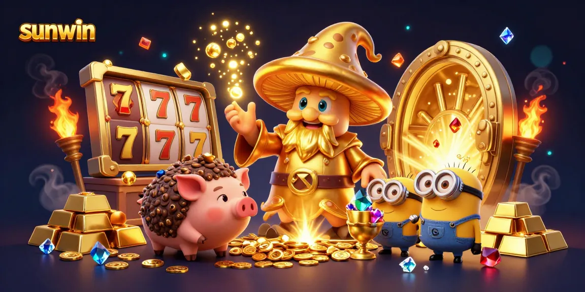 Spin to win with sunwin's vibrant gaming scene showcasing a golden wizard and treasures from the casino.