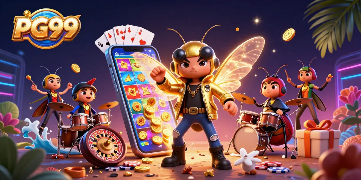 Spin to win with PG99: a vibrant 3D illustration of a rock star cicada in a casino setting.