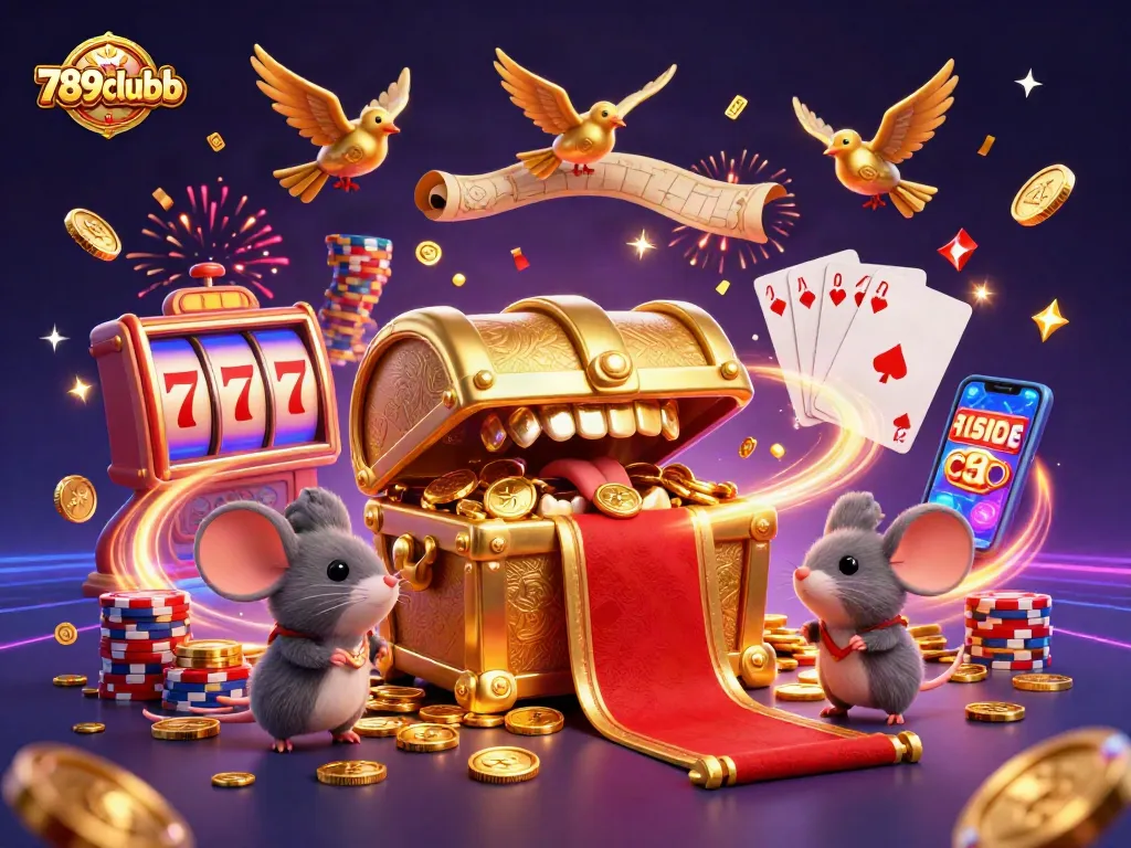 Engage with 789clubb's thrilling gameplay featuring a golden treasure chest and dazzling casino elements.