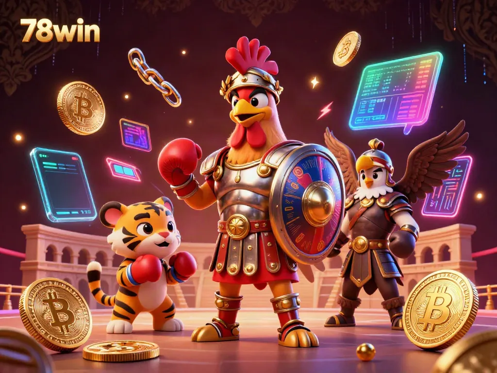 78win presents a lively 3D scene with a gladiator rooster and tiger cub amidst crypto-themed gaming elements.