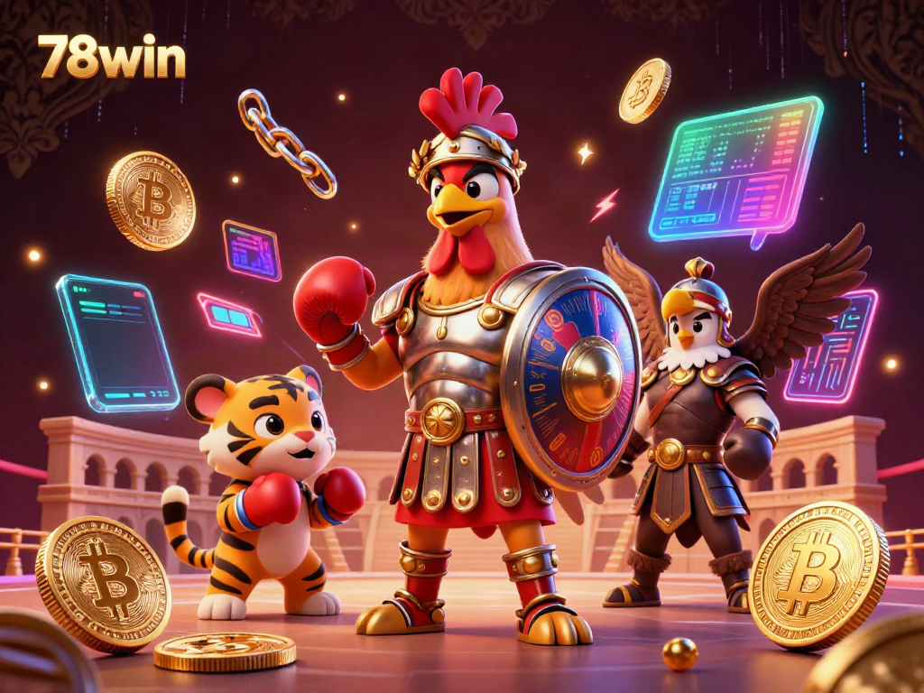 78win presents a lively 3D scene with a gladiator rooster and tiger cub amidst crypto-themed gaming elements.