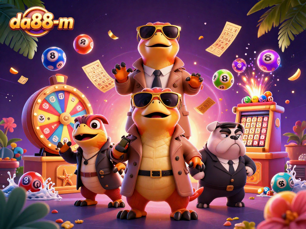Three raptors in a trench coat enter a casino lounge while colorful da88-m lottery balls bounce around them.