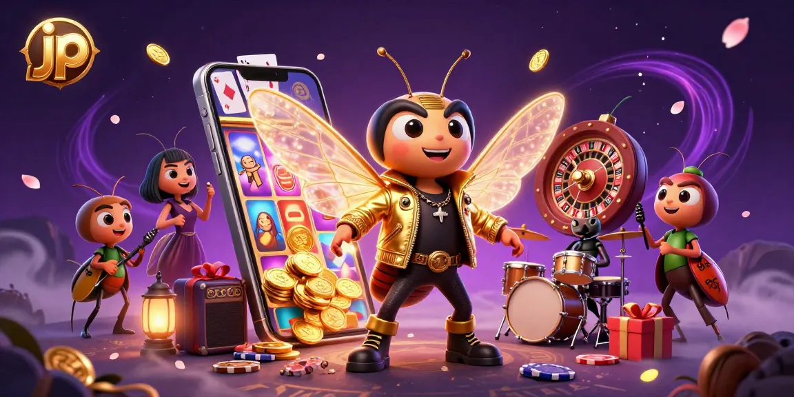 Experience the thrill of jp with a lively scene featuring a cicada rock star and gaming elements.