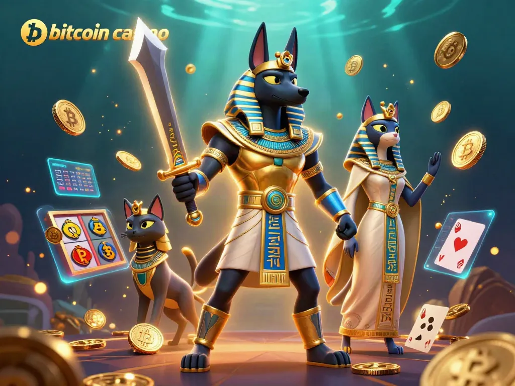 Experience the thrilling bitcoin casino adventure with Anubis and Bastet amidst vibrant game symbols.