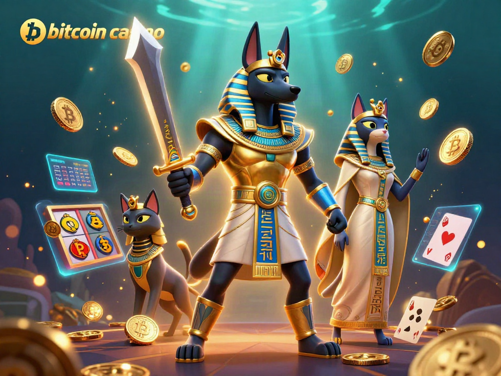 Experience the thrilling bitcoin casino adventure with Anubis and Bastet amidst vibrant game symbols.