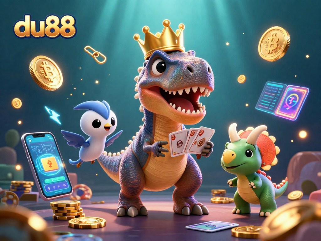 Experience du88's vibrant casino atmosphere with entertaining dinosaurs engaging in card games and stacking chips.