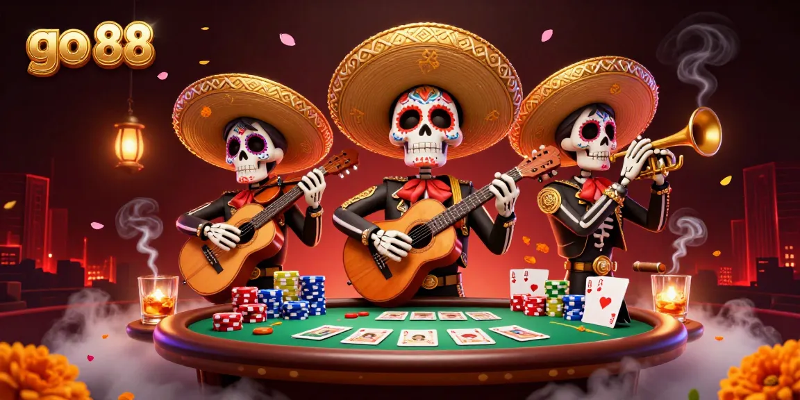 Bet and celebrate at go 88 with a colorful Dia de los Muertos mariachi scene full of poker action.